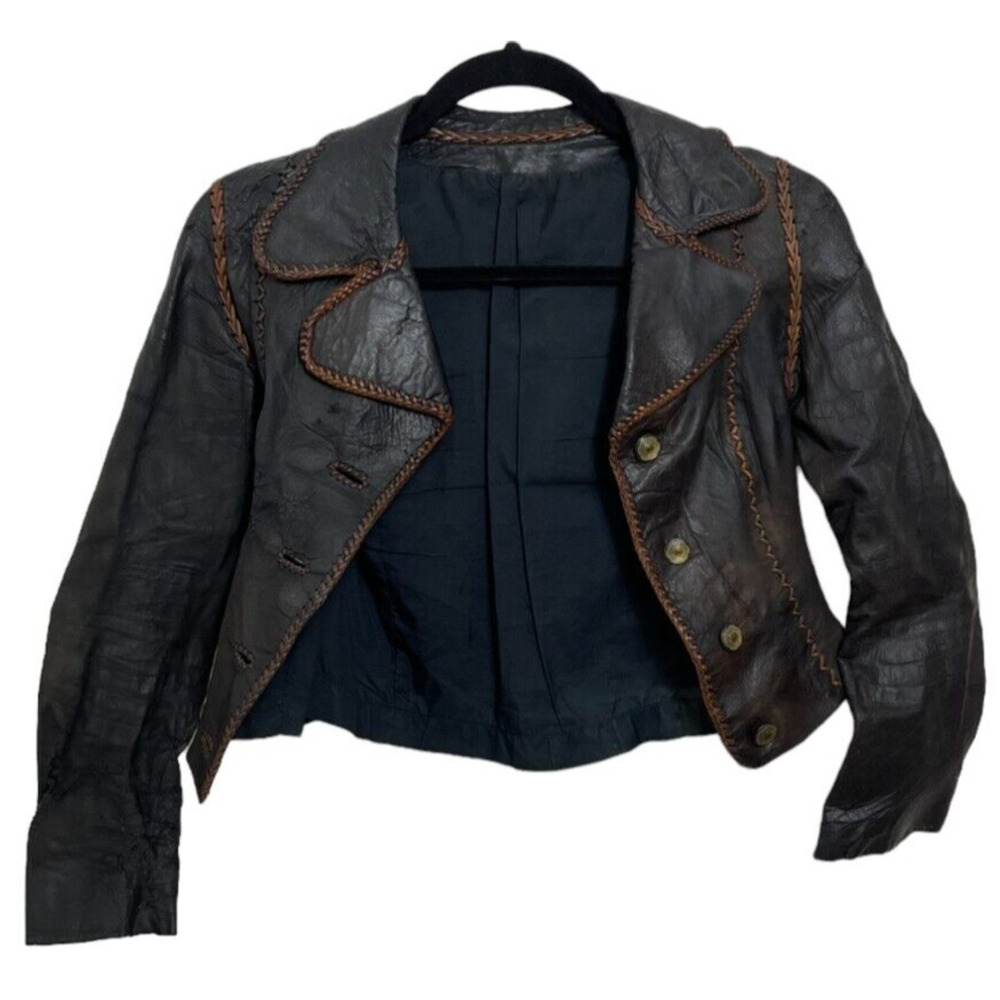 Vintage North Beach Leather Womens Jacket Whipstitch Hippie 70s Boho Brown XXS